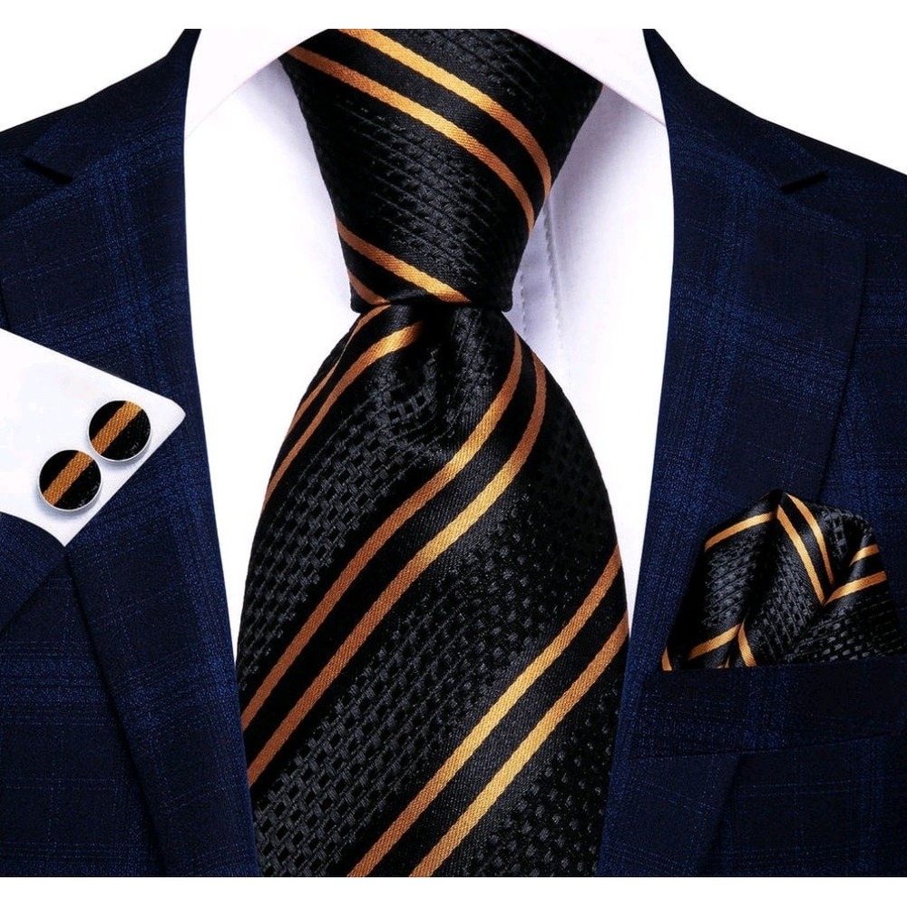 Hi-Tie Mens Necktie Set Black Gold Striped Silk Tie Pocket Square Cufflinks